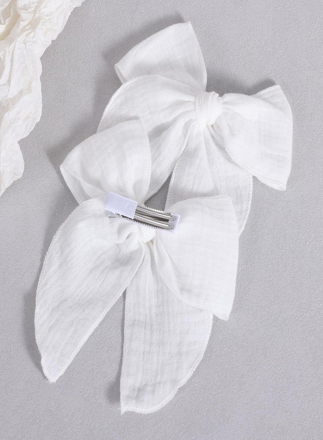 Miroksh 5 Inch White Fable Hair Bow 2Pcs Handmade Cotton Gauze Fabric Hair Clip for Girls Pageants 1st Communion Wedding Party Dress Back School uniform Decor Accessories Birthday Gift - Image 5